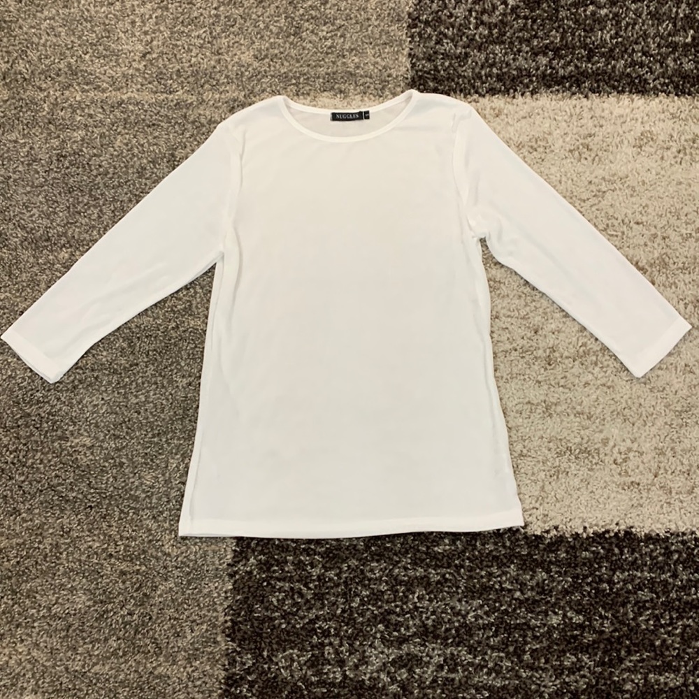Nuggles brand white dressy layering top with 3/4 sleeves. NWT